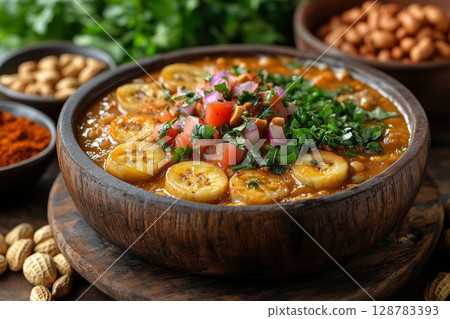 a traditional Ugandan dish, matoke , steamed plantains, with peanut sauce, served in a wooden bowl, accompanied by roasted groundnuts and fresh vegetables, warm ambient lighting 128783393