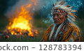a traditional Yakut shaman performing a ritual at Ysyakh, dressed in ceremonial attire, standing in a green field with a bonfire in the background, ample space on the right for text 128783394
