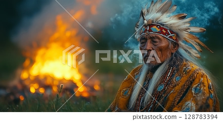a traditional Yakut shaman performing a ritual at Ysyakh, dressed in ceremonial attire, standing in a green field with a bonfire in the background, ample space on the right for text a traditional Yakut shaman performing a ritual at Ysyakh, dressed in ceremonial attire, standing in a green field with a bonfire in the background, ample space on the right for text 128783394
