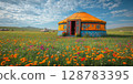 a traditional Yakut yurt set up for Ysyakh, surrounded by flowers and cultural ornaments, with a clear summer sky and plenty of room on the right 128783395