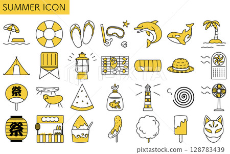 Simple line drawing illustration of a set of summer icons (sea, camping, summer festival, etc.), summer illustration Simple line drawing illustration of a set of summer icons (sea, camping, summer festival, etc.), summer illustration 128783439