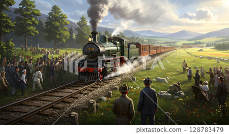 the old steam locomotive stands on the railway 128783479