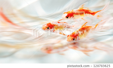 Three vibrant goldfish swim gracefully through shimmering water, showcasing their bright colors and fluid movements in an aquatic environment 128783625