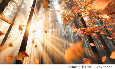 Autumn forest scene with sunlight filtering through trees, vibrant orange leaves falling, creating a serene and magical atmosphere in nature 128783637