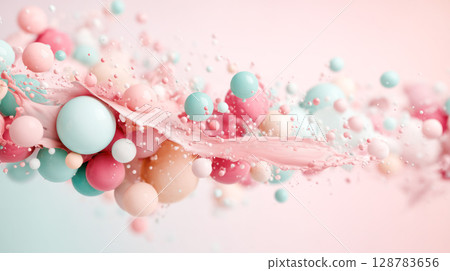 Colorful abstract splash with pastel spheres and liquid elements creating dynamic motion, showcasing vibrant textures and playful design concepts 128783656