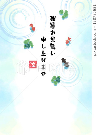 A template background material for a late-summer greeting card with a summer image of goldfish swimming in watercolor 128783681