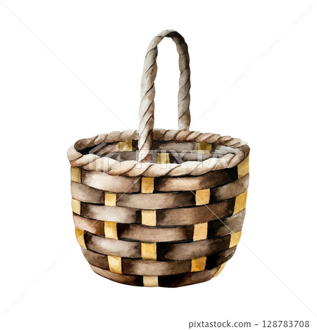 Wicker basket in soft brown tones, watercolor hand drawn isolated illustration. Rustic farmhouse style perfect for harvest, storage, or kitchen decor themes. Vintage container ideal for cottage, boho Wicker basket in soft brown tones, watercolor hand drawn isolated illustration. Rustic farmhouse style perfect for harvest, storage, or kitchen decor themes. Vintage container ideal for cottage, boho 128783708