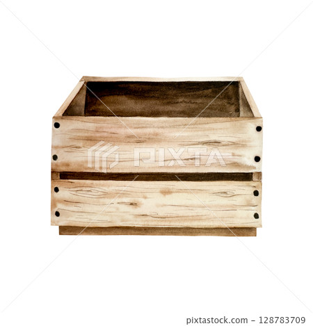 Wooden box with visible grain and rustic texture, watercolor hand drawn isolated illustration. Vintage storage crate perfect for farmhouse, pantry, or harvest themes. Vintage container ideal for Wooden box with visible grain and rustic texture, watercolor hand drawn isolated illustration. Vintage storage crate perfect for farmhouse, pantry, or harvest themes. Vintage container ideal for 128783709
