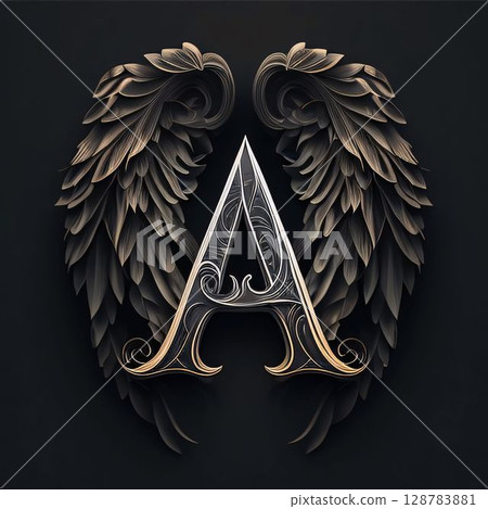 Vintage letter A with wings on a black background. Vector illustration. 128783881