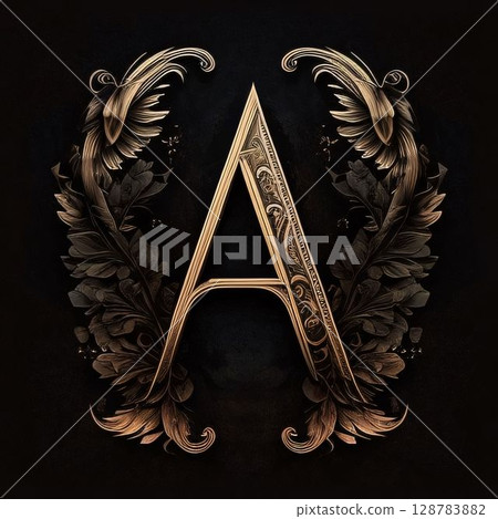 Luxury capital letter A with floral ornament. Black background. 128783882