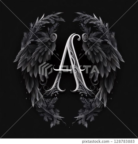 Monogram letter A with feathers on black background. 3D rendering 128783883