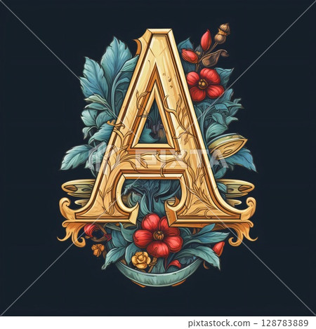 Vintage letter A with floral ornaments. Vector illustration. Vintage letter A with floral ornaments. Vector illustration. 128783889