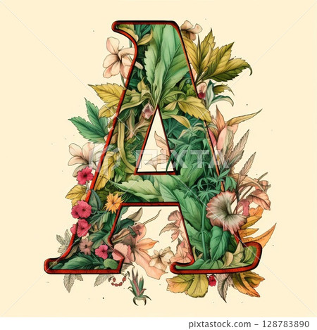 Floral alphabet, letter A. Hand drawn flowers and leaves font. Floral alphabet, letter A. Hand drawn flowers and leaves font. 128783890