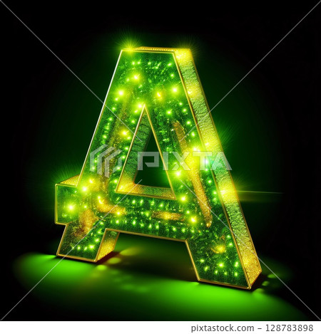 letter of the alphabet with green lights on a black background, 3d illustration letter A letter of the alphabet with green lights on a black background, 3d illustration letter A 128783898