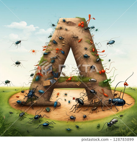 letter A of the alphabet surrounded by ants in the meadow illustration 128783899