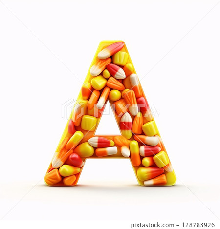 Letter A made of candy corn isolated on white background. 3D illustration 128783926