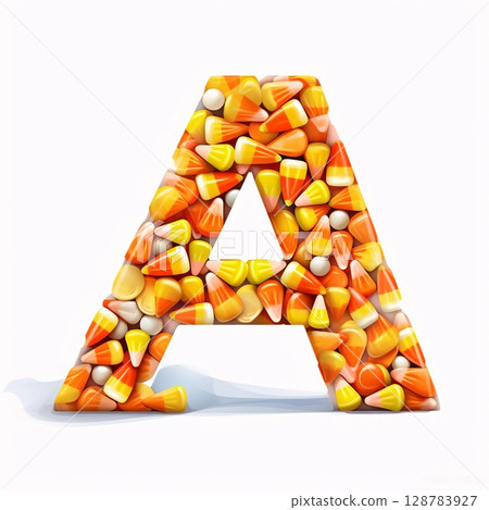 Letter A, candy corn font. 3D render isolated on white background 128783927