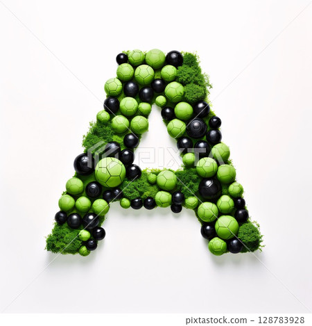 Letter A made of soccer balls on green moss and white background. 128783928