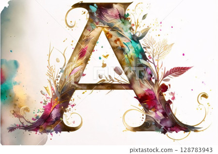 Colorful floral capital letter A with watercolor splashes on white background 128783943