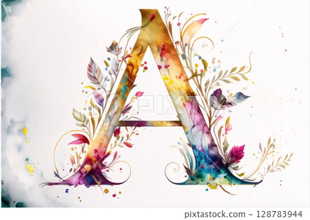 Watercolor letter A with floral ornament on white background. Watercolor hand drawn alphabet. 128783944