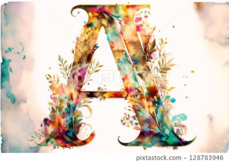 Watercolor floral alphabet, letter A. Hand painted font with flowers and leaves. Watercolor floral alphabet, letter A. Hand painted font with flowers and leaves. 128783946