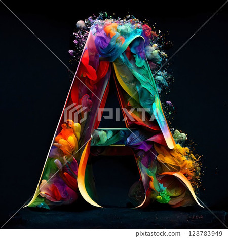 Alphabet letter A with colorful abstract paint splashes on black background 128783949