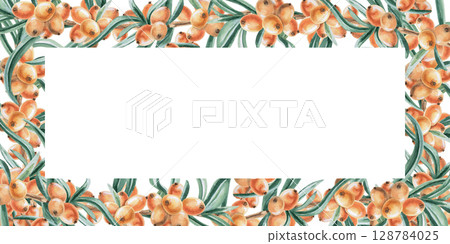 Rectangular frame of juicy sea buckthorn berries. Isolated watercolor illustration for decorating dishes, textiles, printing on fabric, postcards, design of printed products and for Harvest Day. Rectangular frame of juicy sea buckthorn berries. Isolated watercolor illustration for decorating dishes, textiles, printing on fabric, postcards, design of printed products and for Harvest Day. 128784025