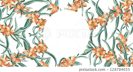 Rectangular frame of ripe sea buckthorn berries. Isolated watercolor illustration for decorating dishes, textiles, printing on fabric, postcards, design of printed products and for Harvest Day. Rectangular frame of ripe sea buckthorn berries. Isolated watercolor illustration for decorating dishes, textiles, printing on fabric, postcards, design of printed products and for Harvest Day. 128784033