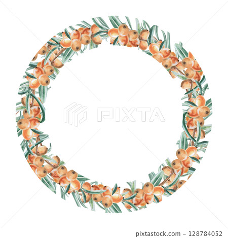 Round frame of sea buckthorn branches. Isolated watercolor illustration for decorating dishes, textiles, printing on fabric, postcards, design of printed products and for Harvest Day. Round frame of sea buckthorn branches. Isolated watercolor illustration for decorating dishes, textiles, printing on fabric, postcards, design of printed products and for Harvest Day. 128784052