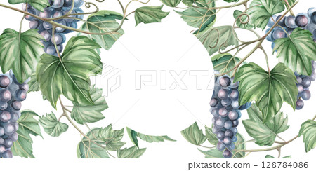 Rectangular frame with grapevine. Isolated watercolor illustration for bottle label design, bar menu design, printed products for Wine Day and Harvest Festival. Rectangular frame with grapevine. Isolated watercolor illustration for bottle label design, bar menu design, printed products for Wine Day and Harvest Festival. 128784086
