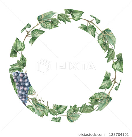 Round frame of ripe grapevine. Isolated watercolor illustration for tableware, home textile, printed design and harvest day. Round frame of ripe grapevine. Isolated watercolor illustration for tableware, home textile, printed design and harvest day. 128784101