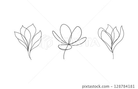 Abstract Line Buds Trio. a modern minimalistic illustration of three blooming buds in a clean continuous line, perfect for contemporary floral designs. 128784181