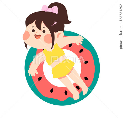 Cartoon Girl Floating with Watermelon Inner Tube 128784202