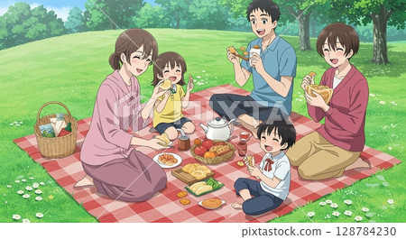 Under the sun! A family enjoying a picnic in a spacious park 128784230