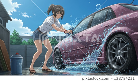 精心打磨！週末，一位女士正在洗車 128784231