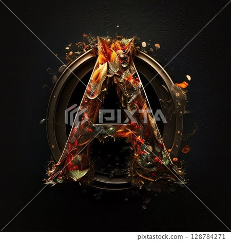Letter A with floral ornament on a black background. 3d illustration Letter A with floral ornament on a black background. 3d illustration 128784271