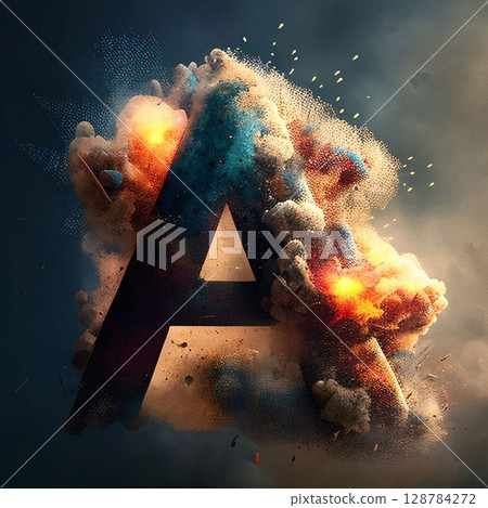 Colorful explosion of smoke with letter A. 3D illustration. Colorful explosion of smoke with letter A. 3D illustration. 128784272