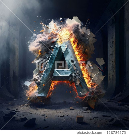 Burning letter A in an old abandoned building. 3D Render Burning letter A in an old abandoned building. 3D Render 128784273