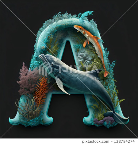Alphabet letter A with dolphin, seaweed and fish. Lettering made in 3d 128784274