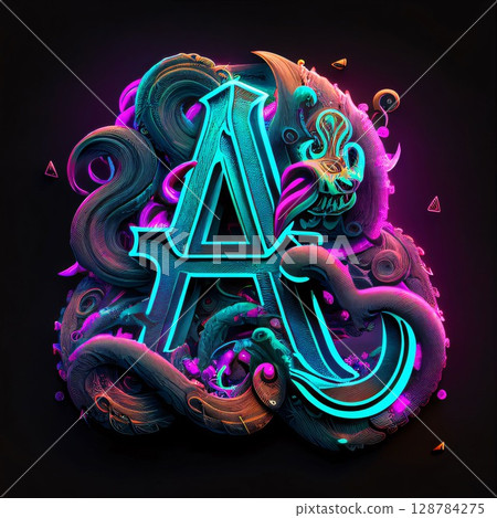 Colorful letter A with abstract elements on black background. 3d rendering Colorful letter A with abstract elements on black background. 3d rendering 128784275