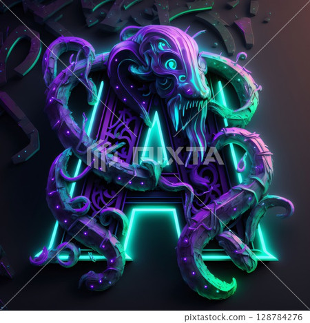 Glowing neon monster on a black background. 3D illustration. letter A Glowing neon monster on a black background. 3D illustration. letter A 128784276