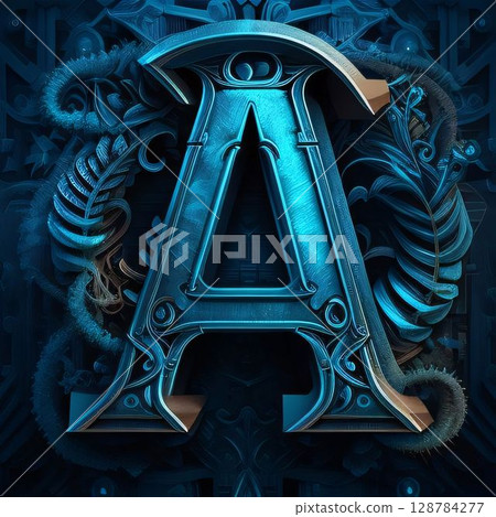 letter a in blue floral style, isolated on black background. 3d illustration 128784277
