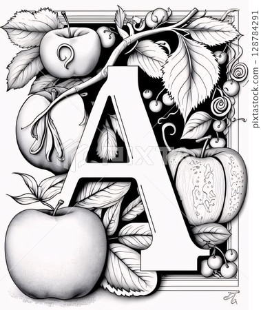 Black and white illustration of the letter A with apples and berries. 128784291