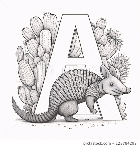 Alphabet letter A with cute armadillo. Hand drawn vector illustration. Alphabet letter A with cute armadillo. Hand drawn vector illustration. 128784292
