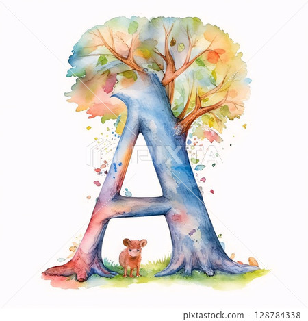 Watercolor letter A with a dog in the tree. Hand drawn illustration Watercolor letter A with a dog in the tree. Hand drawn illustration 128784338
