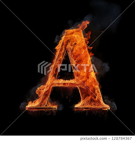 Fire letter A uppercase. Isolated on black background. 128784367