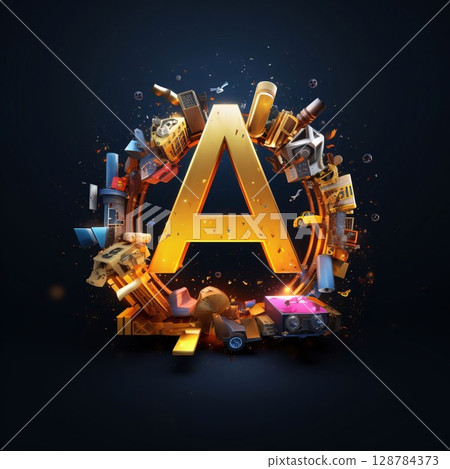 3d illustration of alphabet letter A surrounded by lots of technology objects 3d illustration of alphabet letter A surrounded by lots of technology objects 128784373