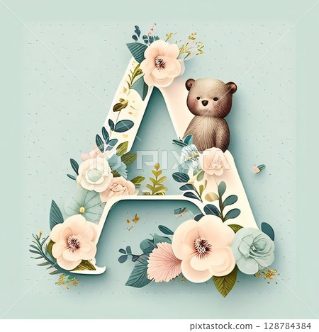 Vintage letter A with flowers, leaves and bear. Vector illustration. Vintage letter A with flowers, leaves and bear. Vector illustration. 128784384