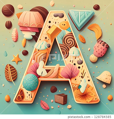 Alphabet letter A in cartoon style with sweets and cookies. Vector illustration. 128784385