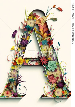 Floral font. Letter A. Colorful alphabet with leaves and flowers. 128784396